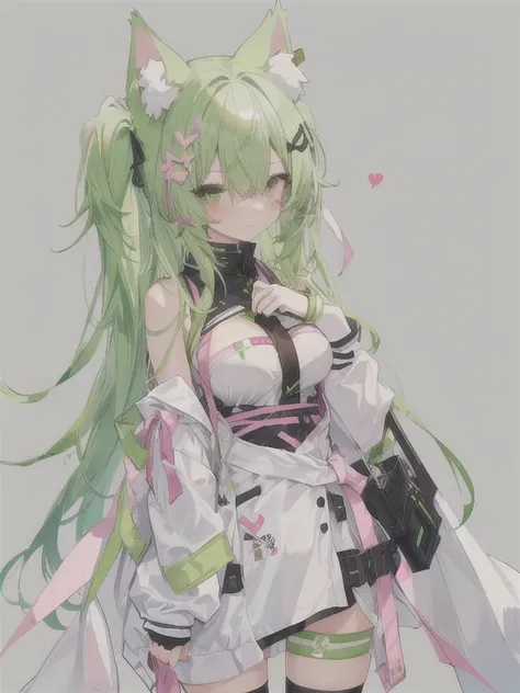 catgirl with green hair, 6 tails, young, pink tails, tip missing from one ear, cat ears, injured eye, cloth bandage over one eye