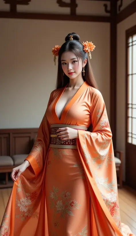 **Prompt:** Envision a serene scenery afternoon in an ancient Han Dynasty dwelling, with the rustling of silk and the soft whisper of traditional kimono dress. Create a hyperrealistic full-body portrait of a beauty Chinese female character, exuding vivacit...