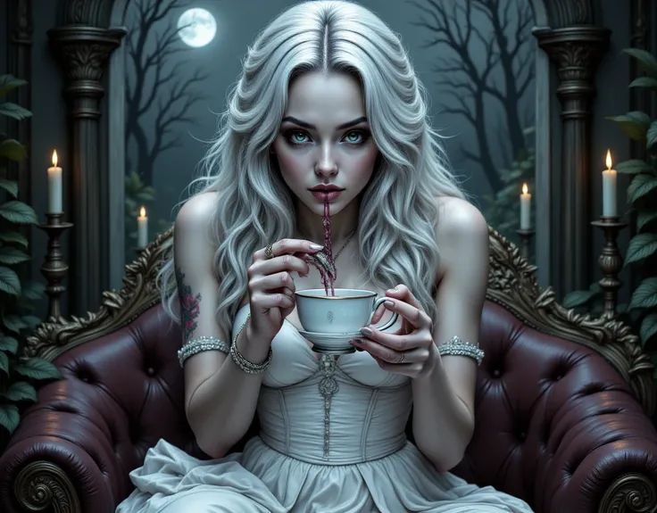 Dark fantasy art, fantasy art, goth art, a picture of a goth woman, drinking tea, drinking tea in a tea ceremony, pale white skin, white hair, Ultra detailed face, Best Detailed face,  long hair, wavy hair, blue eyes, she wears a white leather dress, delic...