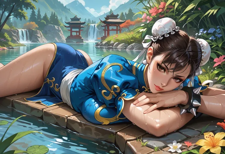  CHUNLISF, brown eyes, double bun, bun cover, qipao, spiked bracelet, (She's all wet:1.3), break,Lying in nature,  facedown, river, flower, stone