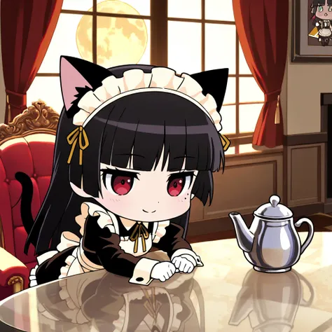 score_9, score_8_ up  , score_7_ up  , BREAK source_anime, rating_ explicit, best quality , Masterpiece, No posts, (( chibi))
 BREAK 1girl ,alone, ruri gokou, long hair, black hair, mole, mole under eye, hime cut, red eyes, 
BREAK
Maid clothes, Cat ear, Bl...