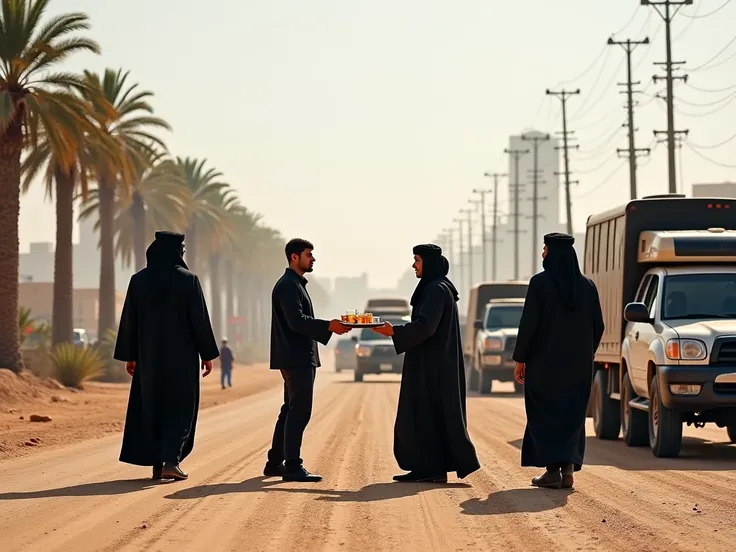 On the side of a dirt road, there are palm trees and a black tentt hat offer tea to people who cross the road on foot and wearing black clothes. An Arab man in a black shirt offers a tray of tea to two travelers who cross the road and wear black shirts. Th...