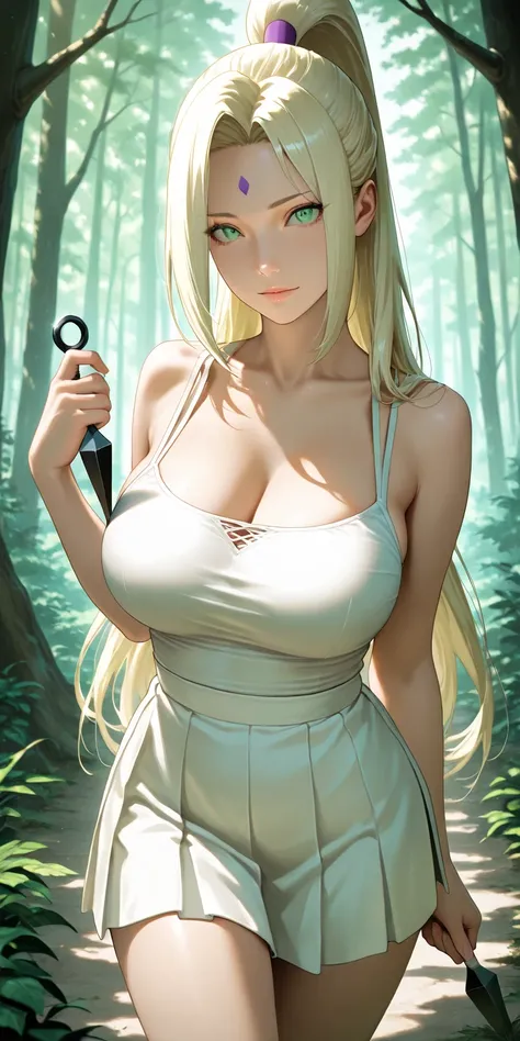 Masterpiece, newest, high contrast, very aesthetic, vibrant, mature female, ino yamanaka\(boruto\), high ponytail long hair, light yellow hair color, light green eye color, white camisole, white platted tennis skirt, white gladiator strappy sandals, perfec...