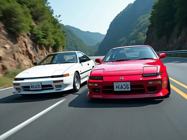 white toyota ae86 and red honda eg6 race in japan touge