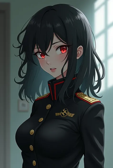 Black-haired girl with red highlights.  smiling.  red eyes. white.  figure.  anime. Nazi officer's uniform.