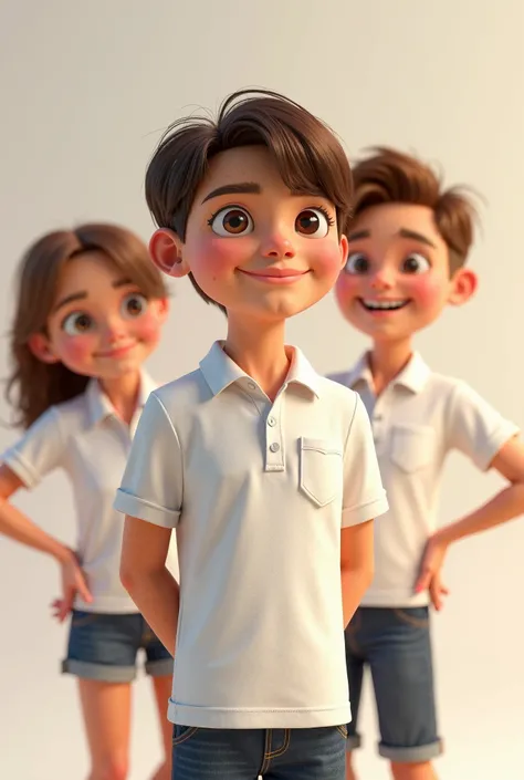 A person over or under 18 years of age, dressed in a white GOLO POLO with a breast pocket, Make several different people, Pixar style image