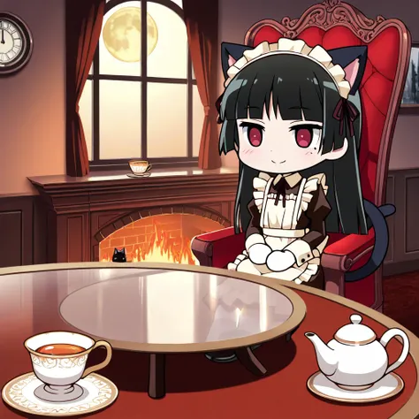 score_9, score_8_ up  , score_7_ up  , BREAK source_anime, rating_ explicit, best quality , Masterpiece, No posts, (( chibi))
 BREAK 1girl ,alone, ruri gokou, long hair, black hair, mole, mole under eye, hime cut, red eyes, 
BREAK
Maid clothes, Cat ear, Bl...