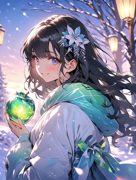  highest quality　 Masterpiece　 high resolution　 Masterpieceグレーアイズ　Flowerpunk、Sparkling light particles、鮮やかな gradients効果、green crystal apple（ gradients）、  black hair、length、smile、sight、Winter Scenery