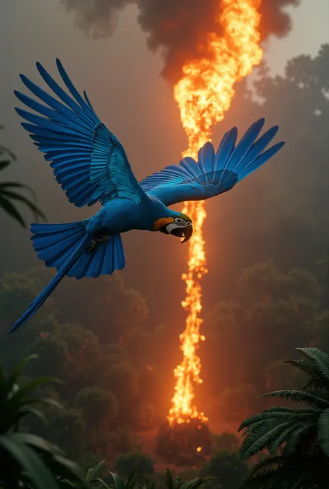 BLUE MACAW, A BIRD THAT LIVES IN THE PANTANAL IN MATO GROSSO DO SUL, FLIES OVER THE FOREST IN SEARCH OF ITS YOUNG THAT ARE ALONE TRAPPED IN A FLAME OF FIRE AT THE TOP OF THE TREE 