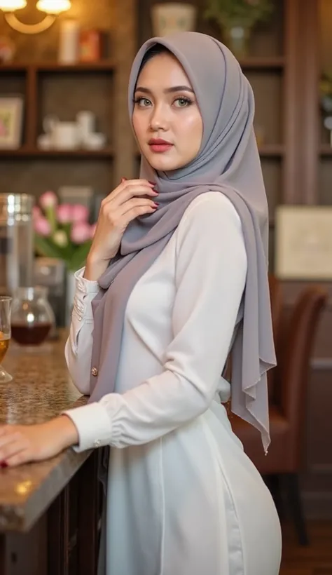  An adult woman wearing a brown pasmina long hijab,  Wearing a long sleeve buttoned shirt of maroon color ,and wears a long skirt of a brown model ,  and wearing black heels . curvy ( solid contains ), Slim Belly , beautiful hips , round buttocks  ,  very ...