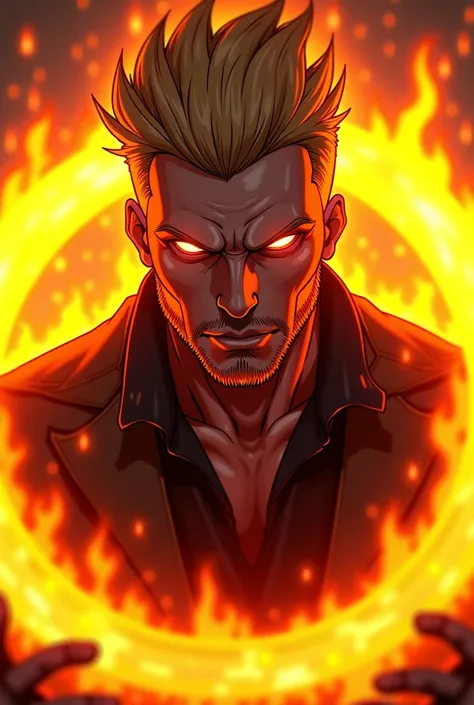 A man， Closeup of a Ring of Fire Wearing a Ring of Fire Around His Neck,  Portrait of Adam Jensen , Bad guy anime 8k, There is fire behind him,  he is extremely threatening and , Ghost Rider,  rossounding digital painting , rossdraws 2. 0,  profile picture...