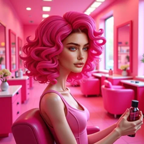   Skinny young white woman  ,  medium curly pink hair, blue eyes, At the women's beauty salon ,   dyeing her hair black  ,  at the all-pink women's salon 