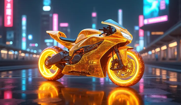 A futuristic motorcycle made of transparent gold, glowing under neon city lights at night.