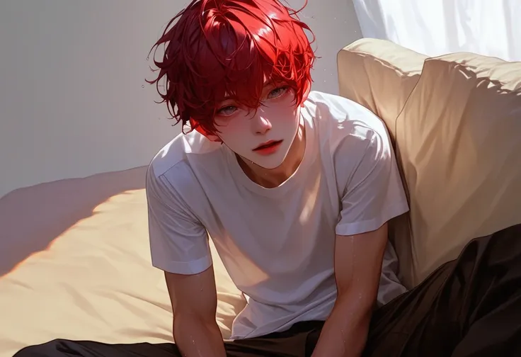 The Bad，   dark red hair ， From the room ， in bed，healthy，  sitting position on a chair and sofa，Head perspective  ，look up， Korean comic style ， Young and Energetic， Good Condition  ，Very handsome脸瓜子脸，White T-shirt，   White Skin，  wet hairstyle   ，  charm...