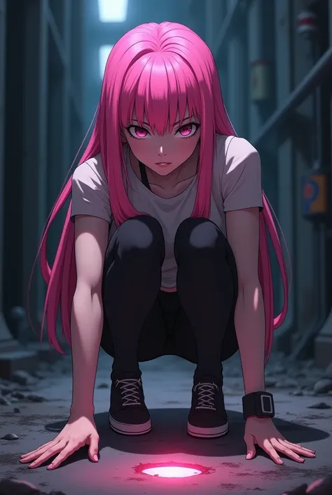 Girl with a serious adult anime face with pink hair squatting looking for a clue