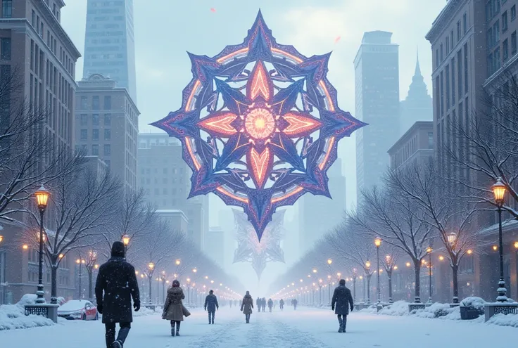 I want a city to snow with a fire emblem created by AI Artificiel.