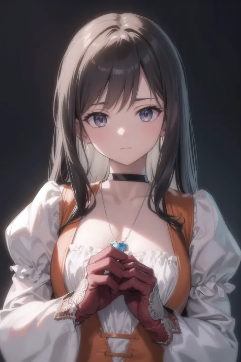 ffgarnet, garnet, (grey eyes:1.5), black hair, long hair, low-tied long hair, swept bangs, hair ribbon,
BREAK bodysuit, choker, gloves, jewelry, juliet sleeves, long sleeves, necklace, orange bodysuit, pendant, puffy sleeves, red gloves,
BREAK looking at v...