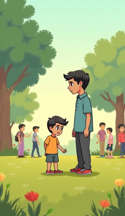 Story 2 : The Forgiver Grows Up

Scene 1: A Quarrel During Play

Prompt:
"A scene in a park, where two  ren (Hassan and Hamza) They are playing cricket. Suddenly, the ball comes out of Hassan's hand and hits Hamza on the head. Hamza is angry, his face show...