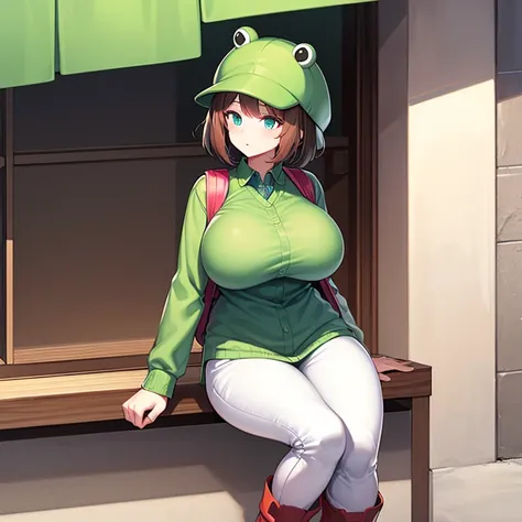  better quality, Girl alone, Vtubers SiriVT ,  frog eye hat ,  green long sleeve vest, red backpack,All green clothing ,  disheveled brown hair,  white skin,  blue eyes,  pink and white pants ,  big boots truth ,  Big Breasts,  looking at the spectator, ex...