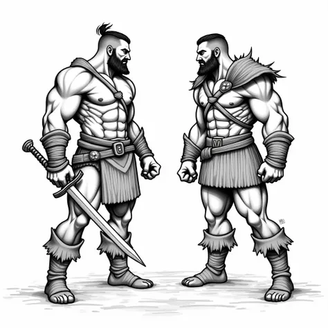 Two powerful warriors stand face to face in an intense standoff, their eyes locked in a battle of will and strength. Both have muscular physiques, rugged beards, and short, warrior-style haircuts. They wear battle-worn armor with cloth wraps around their a...