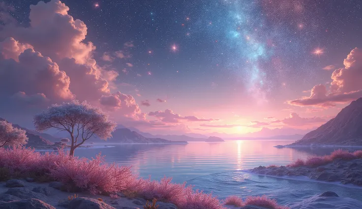 幻想的で神秘的な Cosmic Space,The Wide Sea,Confused stars々が glitter輝いている,Beautiful and sparkling landscape, shining brightly , glitter,Healing, bright future,peace of mind, Cosmic Space,Ascension,Coral Pink