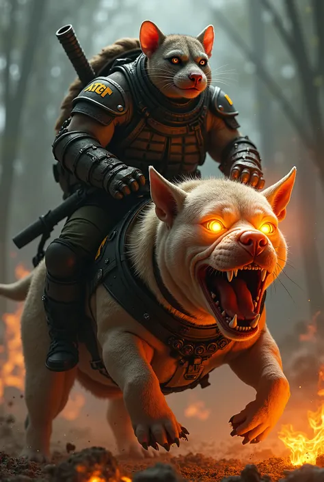 Maître splinter chevauchant un chien american bully énervé avec des flammes sortant des yeux en armure de combat avec un logo ATCT 