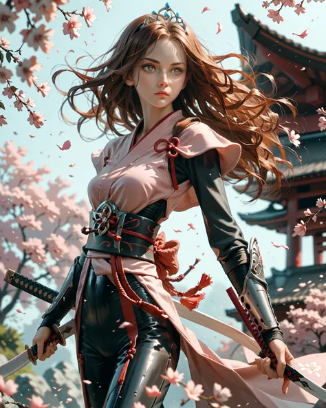 Nordic princess, skinny, medium sized breasts, long brown auburn hair, straight flowing hair, hazel eyes, black tight suit armor, pink, onyx and diamond tiara, samurai, holding a samurai sword, cherry blossoms blown in the wind