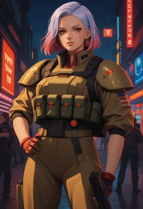 Brave soldiers, holding a futuristic guns, wearing a futuristic masks, colorful hair, fascist look, dangerous look, confident posture, cyberpunk background, cyberpunk Vibe, fascist soldiers vibes, wearing a high futuristic armors, exposed legs on females, ...