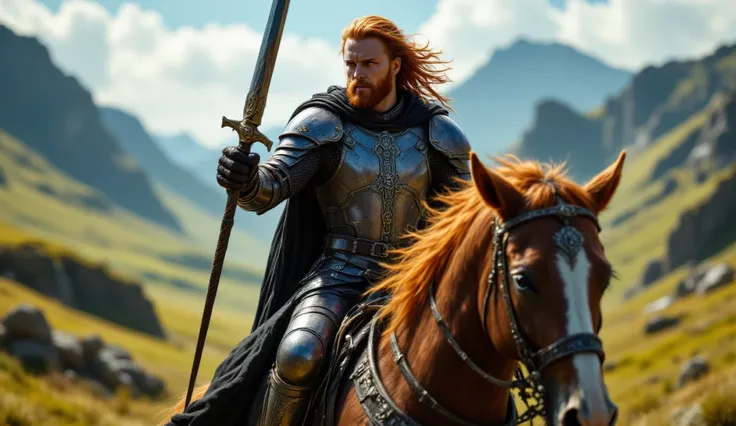 A celtic knight riding on his horse. He is marching with his sword forward.Intricate face details. He has ginger long hair and blue eyes. Side view from above.