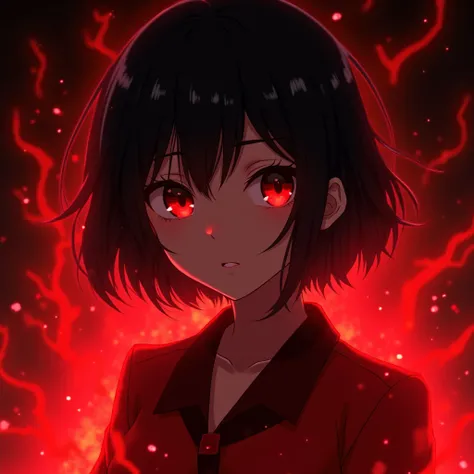 Short black-haired girl with snow-white skin, red eyes on a dark background with a red, full-bodied aura in anime style.