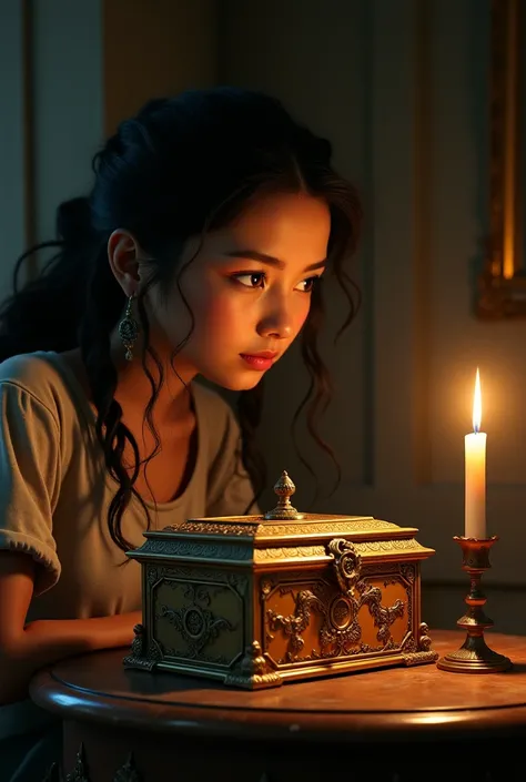 Rina looks at an antique jewelry box on a dusty table ,  with a dim candlelight illuminating its golden surface.