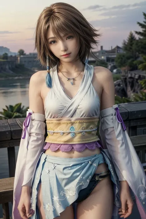 (masterpiece, Highest quality:1.3)
Yuna FF10,  One girl, alone, View your viewers, smile, short hair, blue eyes, skirt, Brown Hair, hair ornaments, jewelry, underwear, Green Eyes, smile, Are standing, Upper Body, Removable sleeves, kimono, good, Heterochro...