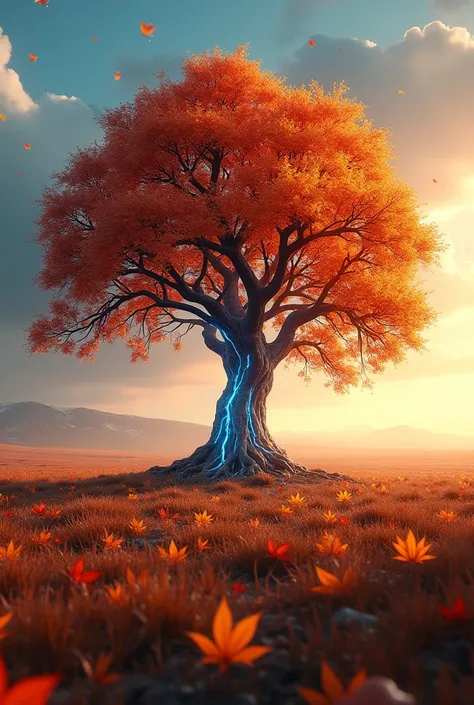 "A solitary tree in the middle of a vast field during autumn, with leaves in vibrant shades of orange, red, and gold. The tree has a cybernetic design, with metallic branches and a trunk that blends organic and mechanical elements, featuring glowing blue-n...