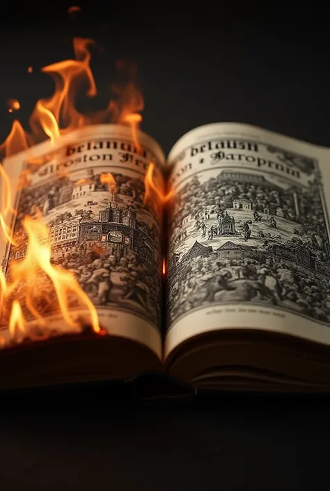 A book whose pages turn the left side represents medieval warfare, the right side represents peace. It is written in bulk PARA BELLUM.  The pages on the left are on fire 