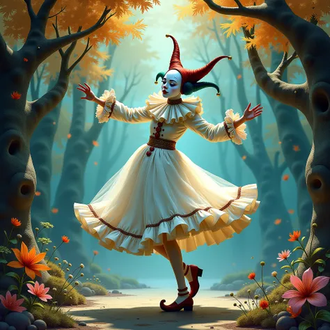 Beautiful Pierrot mysterious clown dance. Iridescent watercolor and ink By Jamie Heiden, Daniel Merriam, Paul Klee, Karol Bak, Dee Nickerson, extremely detailed, high definition, crisp quality, ultra detailed background art nouveau pierot mysterious dance ...