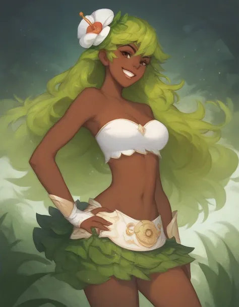 Amalia, 1 girl, diadema, Alone ,  hair flower,  green hair,  dark skin, Smile,Teeth,  mujer de  dark skin,  long hair,  Brown Eyes,  bare shoulders, breasts, strapless, top tube,  midriff, grass skirt ,  looking at the Viewer ,forest, Smile, hand on hip , ...