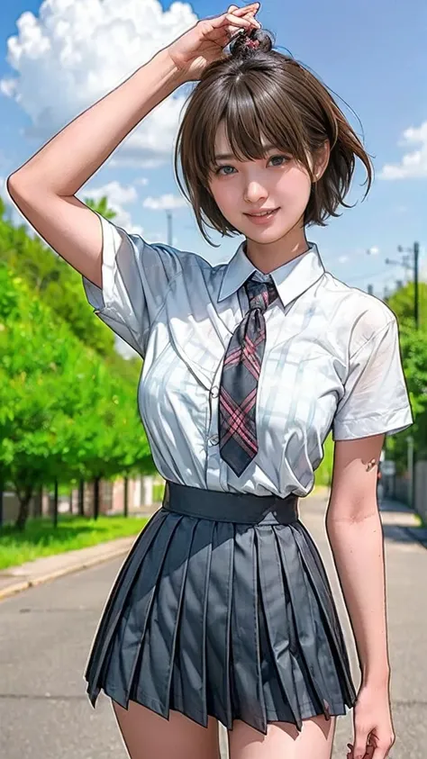 High resolution, anatomically correct, top quality, high detail, textured skin, 1 girl, brown eyes, defined eyebrows, cute, big sparkly eyes, long eyelashes, ((silly smile/smile, )), looking at camera, windblown hair, black hair, ((short hair tied low)), (...