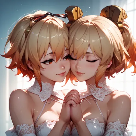 "   Kazuma Satou from KonoSuba and Bernice    (burn)   from Zenless Zone Zero   ,  holding hands .    Romantic expression but with a fun touch   ,    anime-style,    soft lighting and background with wedding decorations   ."