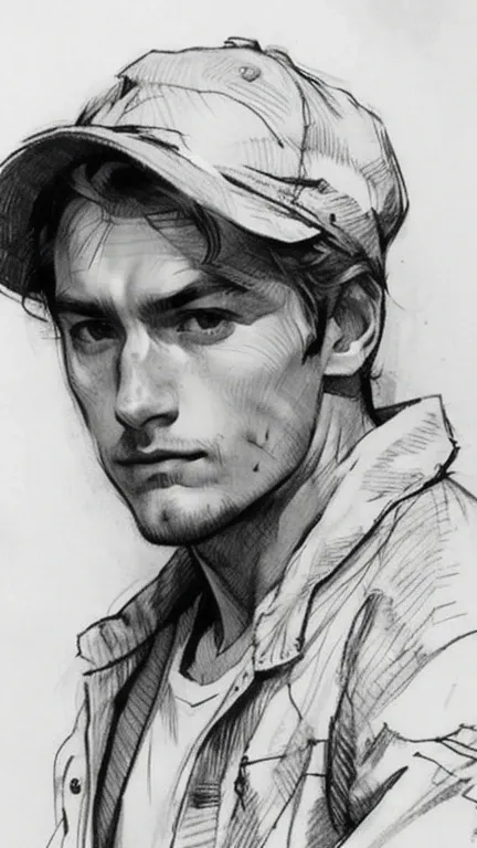   portrait in pencil, of a masculine man ,  with soft and defined lines  ,  work of art.   hat,    masterpiece,   hat,  lines of motion ,   the best quality ,   tall details , 