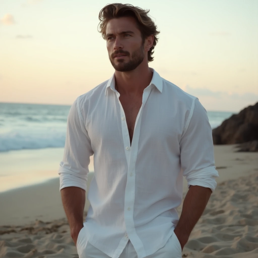 Ultra-realistic photograph, set on a tranquil beach at dusk. The subject is a 25-year-old athletic and muscular man, radiating quiet confidence. He has the original facial features and short beard, combined with long, straight, layered brown hair reaching ...