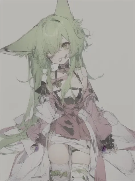 catgirl with green hair, 6 tails, young, pink tails, tip missing from one ear, cat ears, injured eye, cloth bandage over one eye