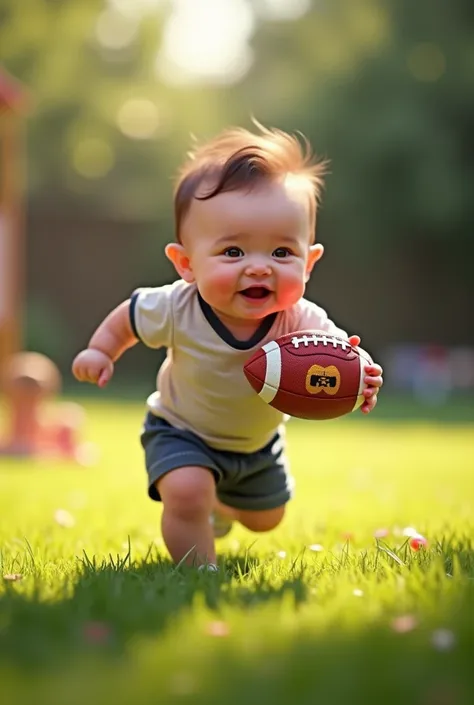 A baby playing football 