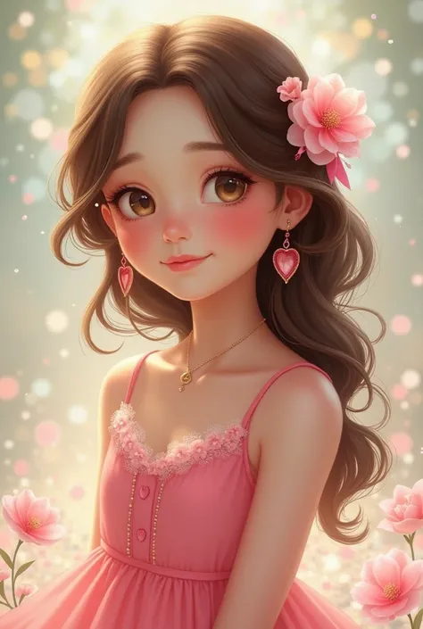 Create a woman with brown hair and a pink dress with a cute pose to draw 