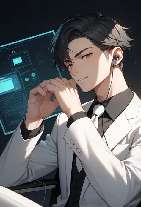 8k,masterpiece, best quality, super high resolution, high resolution, 20s, 1man, short hair, M, black hair , Wolfcut, slanted eyes, earphones, (white suit, white tie, black shirts, long black sleeve, black shoes ) At lab, very detailed description, very po...