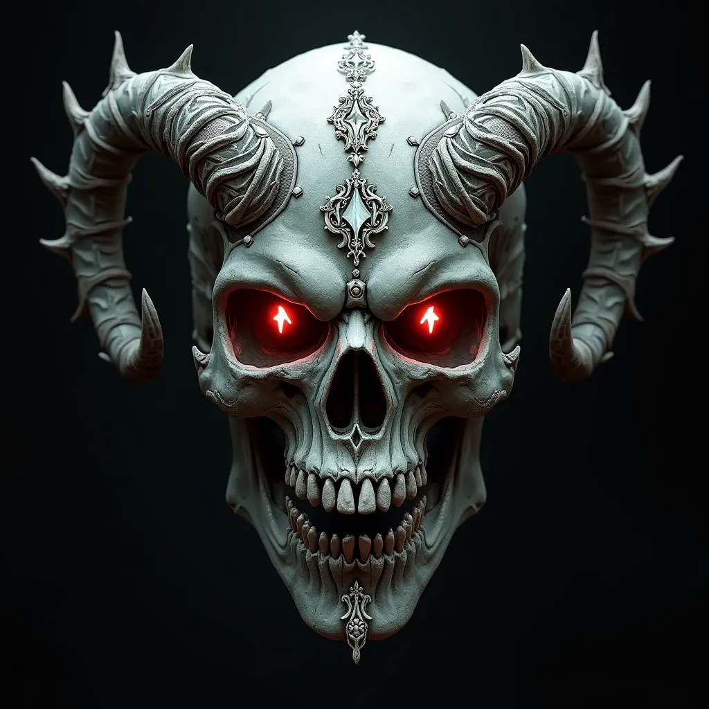 skull, intricate details, diamond eyes, horns, evil, illustration, digital art, best quality, 4k, masterpiece, highly detailed