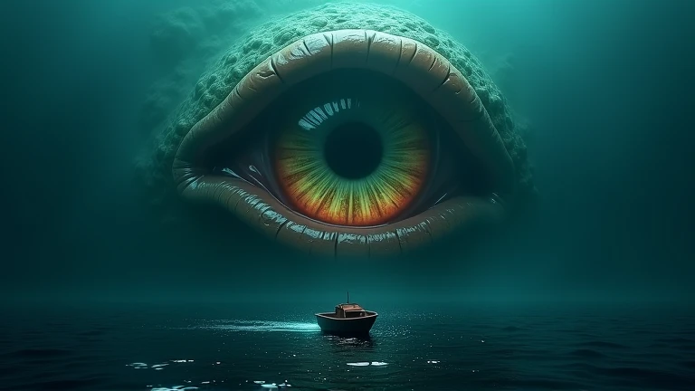 "A terrifying deep-sea scene where a small boat floats on the ocean surface. However, the water is clear enough to reveal something horrifying below—a massive, glowing eye staring directly upward. The eye has a reptilian or alien-like pupil, with pulsating...