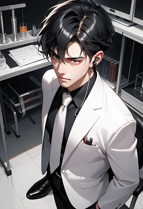 8k,masterpiece, best quality, super high resolution, high resolution, 20s, 1man, short hair, M, black hair , Wolfcut, slanted eyes, earphones, (white suit, white tie, black shirts, long black sleeve, black shoes ) At lab, very detailed description, very po...