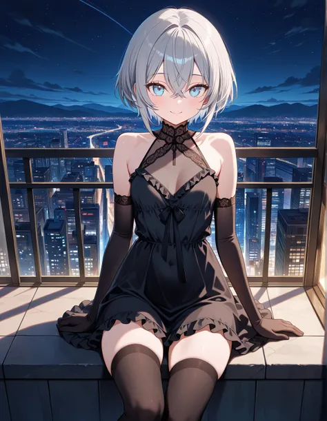 1girl, solo, slim, light blue eyes, (tsurime:0.8), grey hair short hair, sidelocks, hair between eyes, crossed bangs, black dress short dress frilled dress halter dress, sleeveless, see-through collar, elbow gloves, thighhighs, night scenery, sitting, smil...