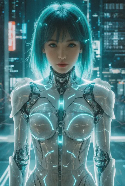 A futuristic AI idol with a mechanical, cybernetic aesthetic. Her sleek, silver body blends seamlessly with translucent armor plates and glowing neon-blue circuit patterns that pulse with light. Delicate wiring runs across her skin, creating a mesmerizing ...