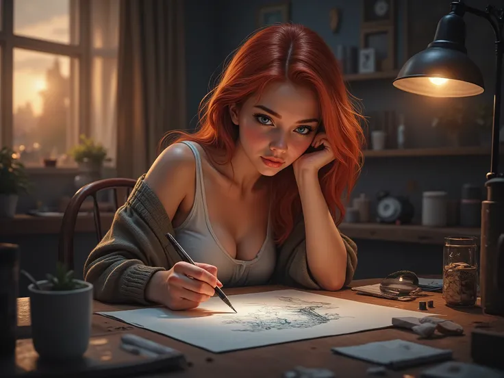 a girl with long red hair, blue eyes, sitting at a table and drawing. Evening time of day.